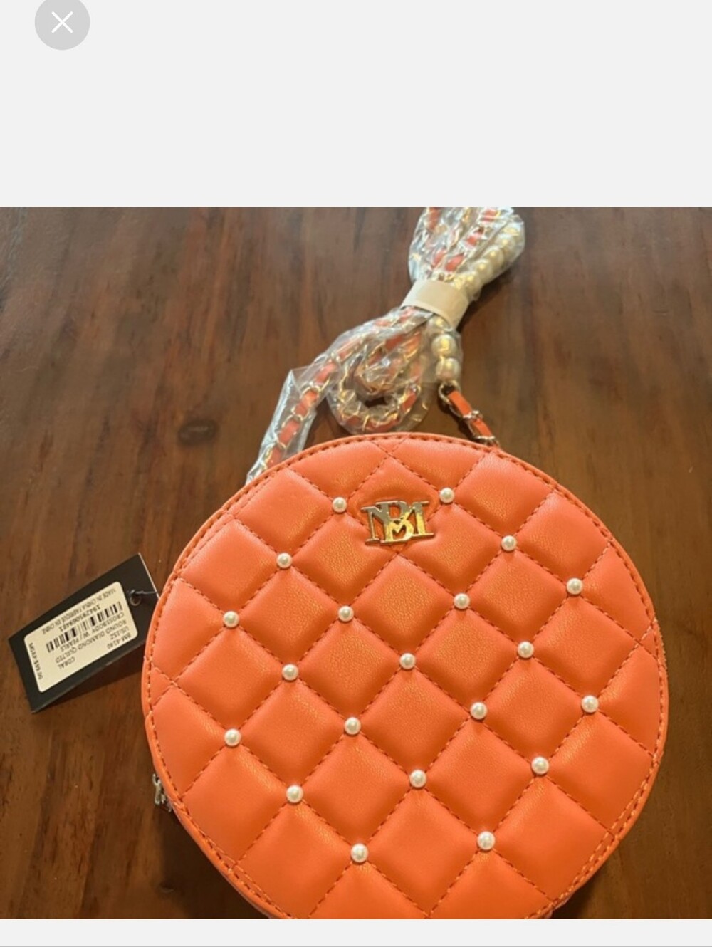 Bagdley Mischka Coral Quilted Round Crossbody Bag with Pearl Studs